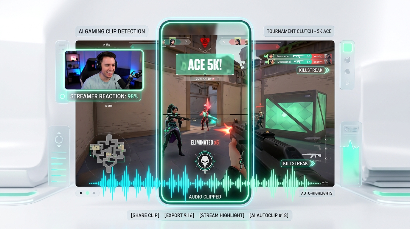 AI Gaming Clip Detection HUD with clutch play and vertical framing