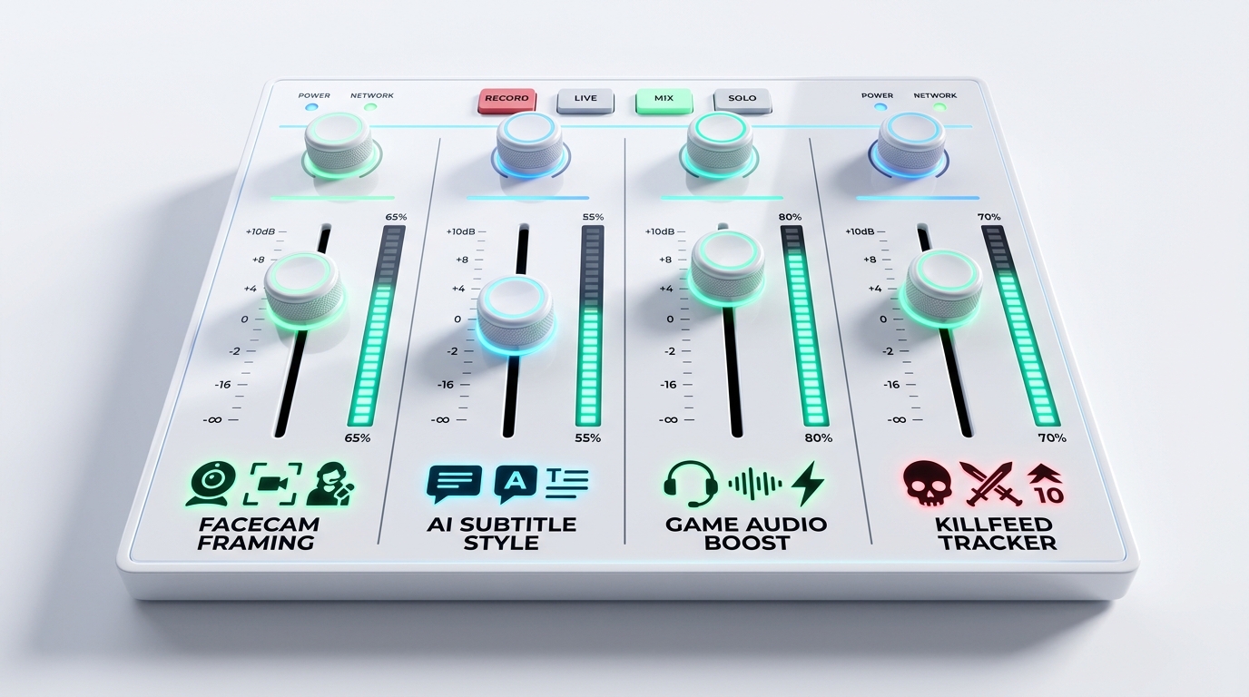 Esports broadcast mixing console with gaming production faders and dials