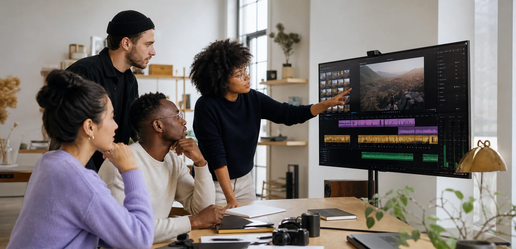 A product team reviewing a creator video workflow together