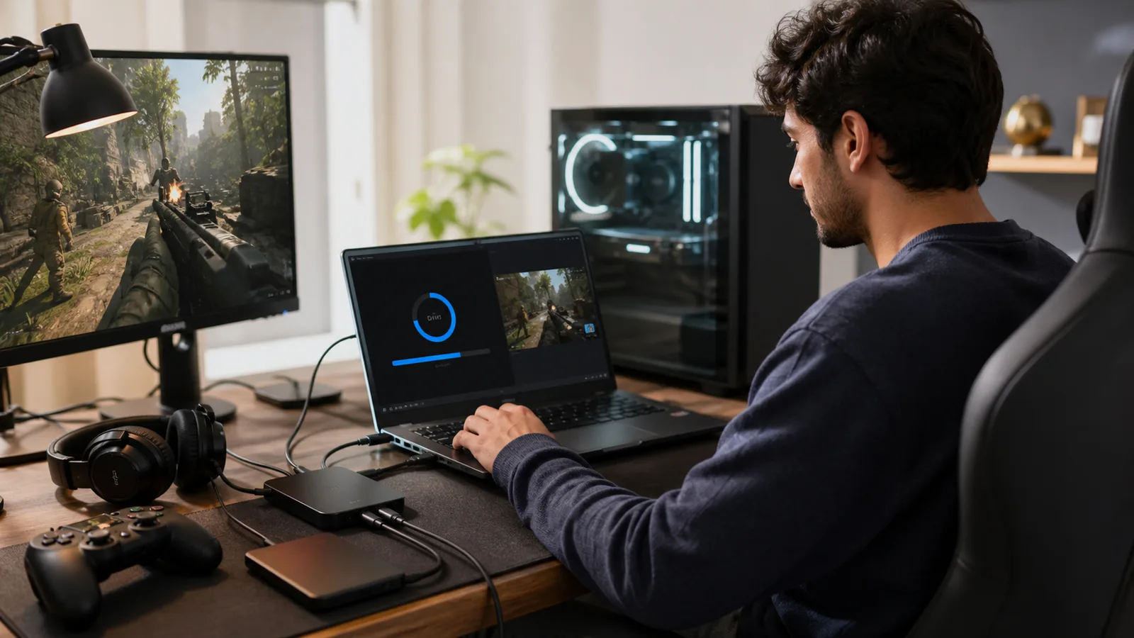 A gaming creator troubleshooting a VOD upload at their setup