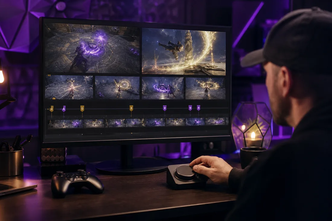 A gaming creator reviewing match footage and marking strong moments