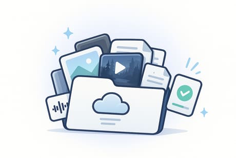 Cloud folder overflowing with gameplay clips, photos, and drafts, with a synced checkmark